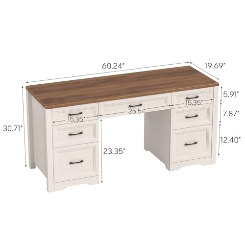 Farmhouse Executive Desk, Wood Home Office Desk with 2 Large File Drawers and 5 Storage Cabinets, Rustic Writing Desk for Work and Study, Brown - view 2