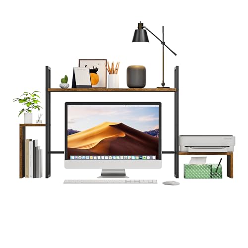 LED Desk Shelf Organizer with RGB Light Strip, 2-Tier Desktop Shelf for Computer Monitor, Sturdy Metal Frame & Wood Shelves - Desk Hutch Bookshelf for Home Office, Dorm, Gaming (Brown)