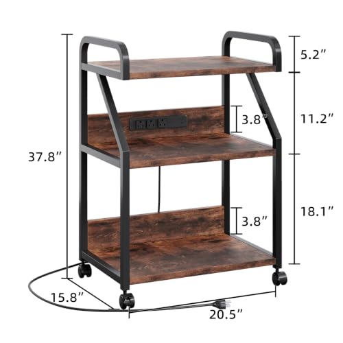 Large 3-Tier Printer Stand with Charging Station, Rustic Brown - view 2