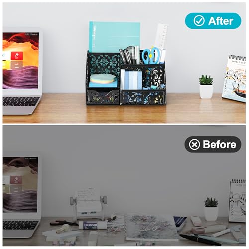 Desk Organizer and Pen Holder for Desk, Mesh Office Supplies Storage Caddy with Drawer for Small Space, Desktop Organizer for Home Office, Black - view 5