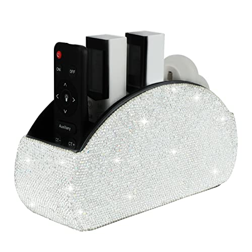 Remote Control Holder Organizer Table Desk Leather Control Storage TV Remote Control Organizer with 5 Spacious Compartments Bling Crystal Luxury Handmade Diamond (White)