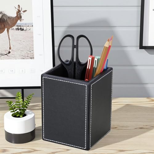 PU Leather Square Pens Pencils Holder Cup Desktop Stationery Organizer Case Office Accessories Container Box (black) - view 6
