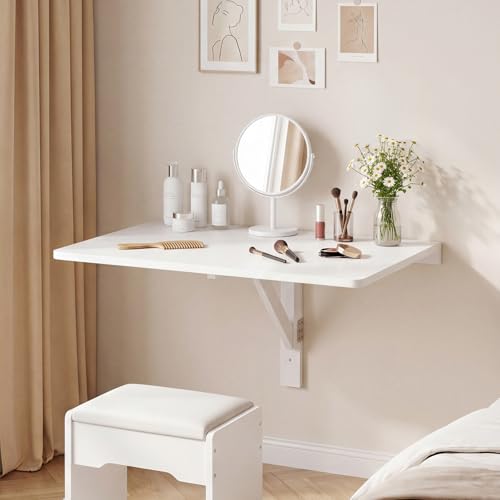 Wall-Mounted Folding Desk, Wooden Floating Laptop Table with Drop Leaf Design, Space-Saving Foldable Wall Desk for Study, Bedroom, Living Room, Laundry (White) - view 2