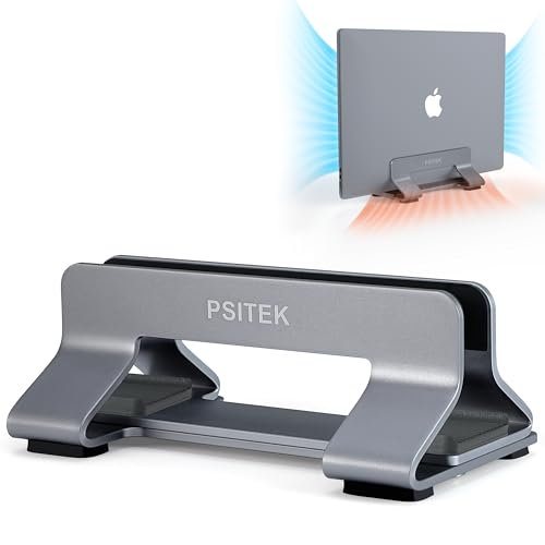 Aluminum Vertical Laptop Stand Dock Holder, Adjustable Slot Width 12-42mm, Space-Saving Upright Storage for MacBook and Laptops