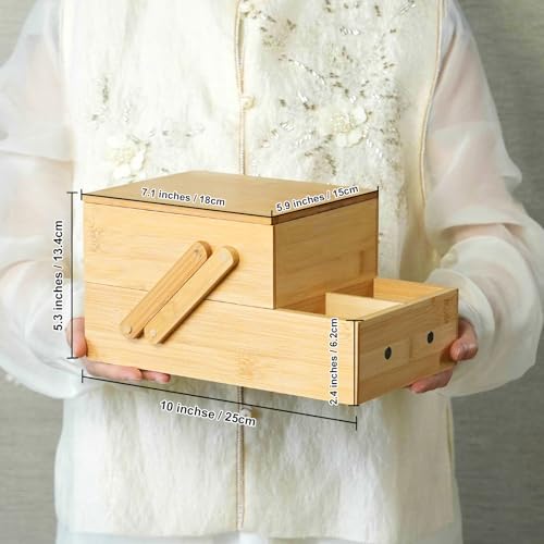 Bamboo Desktop Organizer Box with Drawer, 2-Tier Bamboo Storage Organizer with Compartments, Natural Bamboo Desk Organizer for Office Supplies, Tea Accessories, Makeup & Small Items - view 3