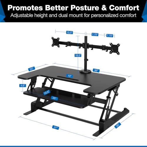 Mount-It! Standing Desk Converter Dual Monitor, 2 Screen Mounts Included, Height Adjustable Desk Riser in Black, Stand Up Desk Convertor Large 36" Wide, Sit Stand Convertor with Manual Lift Gas Spring - view 5