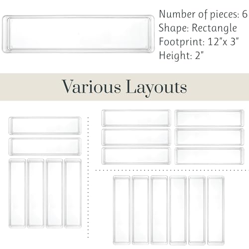 SimpleSort 6-Piece Stackable Clear Drawer Organizer Set | 12" x 3" x 2" Rectangle Trays | Narrow Makeup Vanity Storage Bins and Office Desk Drawer Dividers | Made in USA - view 5