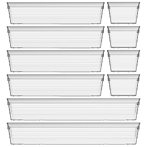 10Pcs Clear Drawer Organizer Tray 3-Size Plastic Desk Drawer Organizations Set Bathroom Vanity Drawer Organizer Storage Tray for Makeup, Kitchen Utensils, Jewelries and Gadgets