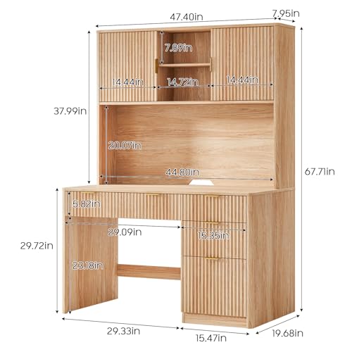 67" H Executive Desk with Fluted Drawers,4 Drawers Fluted ComputerDesk,Wood Workstation with Hutch and BarnDoors for Work and Study,Oak - view 2