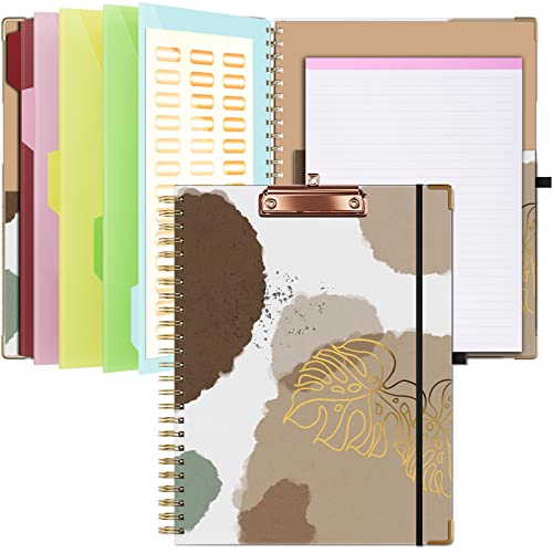 Clipboard with Storage 8.5 X 11，Padfolio Organizer, Spiral Portfolio Letter Size with Notepad, Pen Holder, 5 Extra Folder Divider Pages, Elastic Closure Nurse Essentials(Earthy Abstract)