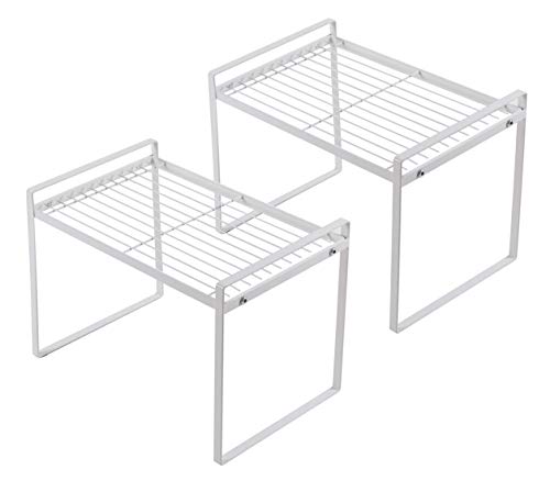 2pk Kitchen Cabinet Shelf Counter Organizer Rack Pantry Storage Bathroom Bedroom Office Table Desk Space Saving Steel Frame Stackable Rust Resistant Non Slip White-Tall- L13in W8.3in H9.5in