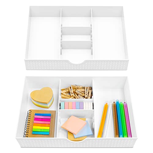 2PK - 3 Slot Drawer Organizer with Two Adjustable Dividers - 5 Compartments Drawer Storage Junk Drawer Organizer for Office Desk Supplies and Accessories, White