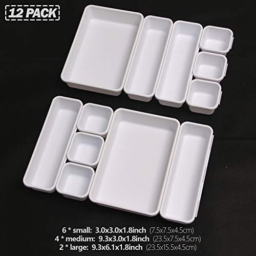 Set of 12 Interlocking Desk Drawer Organizer Tray Dividers Plastic Shallow Narrow Drawers Organizers Separators Storage Bins Container for Kitchen Bathroom Makeup Office Vanity Bedroom Dresser White - view 2