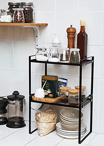 2pk Kitchen Cabinet Shelf Counter Organizer Rack Pantry Storage Bathroom Bedroom Office Table Desk Space Saving Steel Frame Stackable Rust Resistant Non Slip Black-Tall-L13in W8.3in H9.5in - view 6