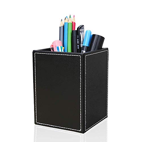 PU Leather Square Pens Pencils Holder Cup Desktop Stationery Organizer Case Office Accessories Container Box (black) - view 4