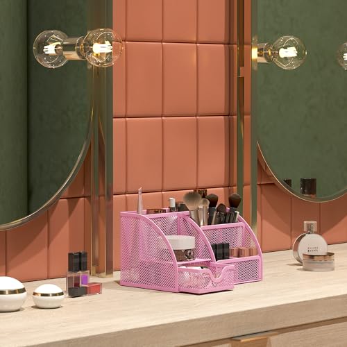 Mesh Desk Organizer with Drawer Multi-functional Pen Holder Stationery Organizer for Office School Supplies 6 Compartments Dorm Organizers and Storage for Desk, Light Pink - view 6