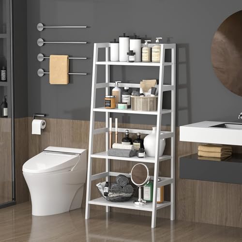 White Ladder Shelf, Bamboo 4-Tier Bookshelf & Bookcase Organizer - view 6