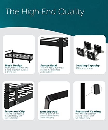 2pk Kitchen Cabinet Shelf Counter Organizer Rack Pantry Storage Bathroom Bedroom Office Table Desk Space Saving Steel Frame Stackable Rust Resistant Non Slip Black-Tall-L13in W8.3in H9.5in - view 5