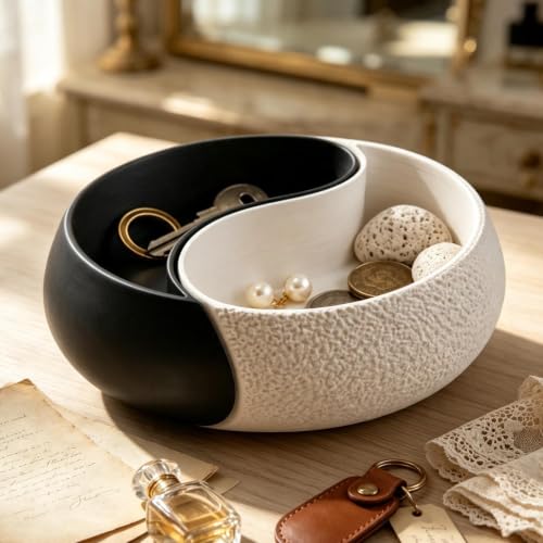 Double Compartment Jewelry Bowl, Black White Tray, Home Desk Holder - view 2