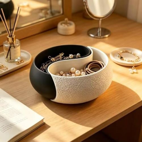 Double Compartment Jewelry Bowl, Black White Tray, Home Desk Holder - view 3