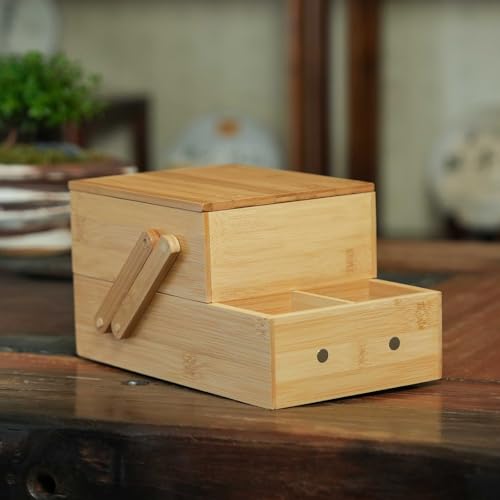Bamboo Desktop Organizer Box with Drawer, 2-Tier Bamboo Storage Organizer with Compartments, Natural Bamboo Desk Organizer for Office Supplies, Tea Accessories, Makeup & Small Items - view 2