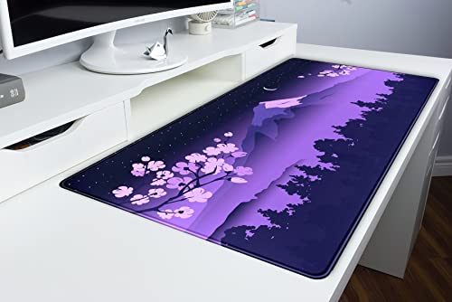 Purple Desk Mat Japanese Desk Pad Cute Fuji Mountain Gaming Mousepad Large, Cherry Blossom Mouse Pad XXL Desk Mats, Kawaii Anime Deskmats Desktop Protector Laptop Keyboard Mat Pad 31.5x15.75 in - view 6