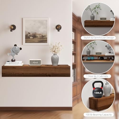 Floating Solid Wood Console Table, 32'' Wall Mounted Narrow Entryway Table with Storage Shelf, Modern Couch Shelves Small Entry Way Tables for Entryway, Front Hall, Hallway (Walnut, 31.5IN) - view 4