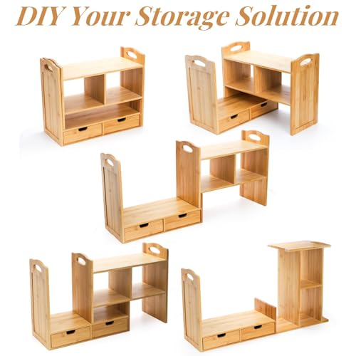 Bamboo Desktop Bookshelf, Expandable Counter Bookcase, Storage Shelves Rack Organizer with Anti-Slip Pads, Cute Small Desk Display Cubby Top for Office Supplies, No Assembly Needed - view 5