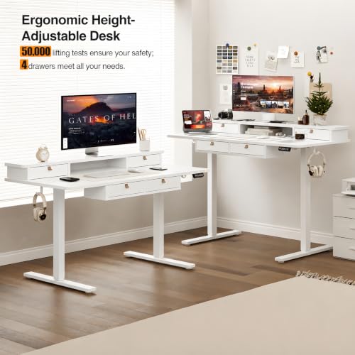 Electric Standing Desk with Four Drawers, Sit to Stand Up Height Adjustable Desk with Storage Shelf for Home Office, 47 * 28 Inch, Study, Ergonomic Adjustable Computer Desk, White - view 6