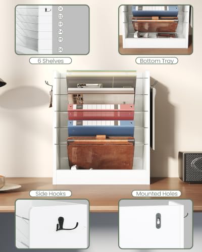 Wall File Holder, 6-Tier File Organizer, Office Supplies Storage Rack, Versatile Desktop Organizer, with Detachable Shelves, with Side Hooks, for Living Room, Study, Home Office, White MWJ02WB - view 5