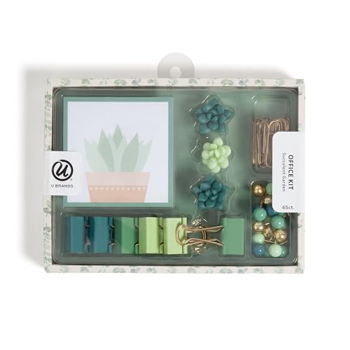 Office Accessory Kit, Office Supplies, Includes 1 Sticky Note pad, 35 Gold Paper Clips, 20 Sphere Push pins, 3 Succulent Magnets and 6 Medium Binder Clips, Succulent Garden
