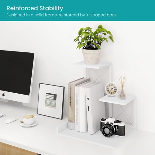 Desk Shelf, Wood Small Bookshelf Desktop Shelves and Organizer, Freestanding 3 Tier Storage Display Stand Home Office Decor for Books Plants Toys, White - view 6