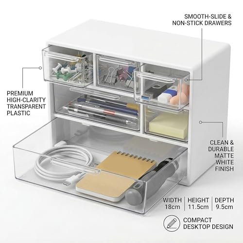 Small Drawer Organizer for Desk with 6 Clear Drawers, Mini Desktop Storage Box Plastic Craft Organizer for Office School and Home, White Drawer Organizer for Small Items Accessories Supplies - view 5