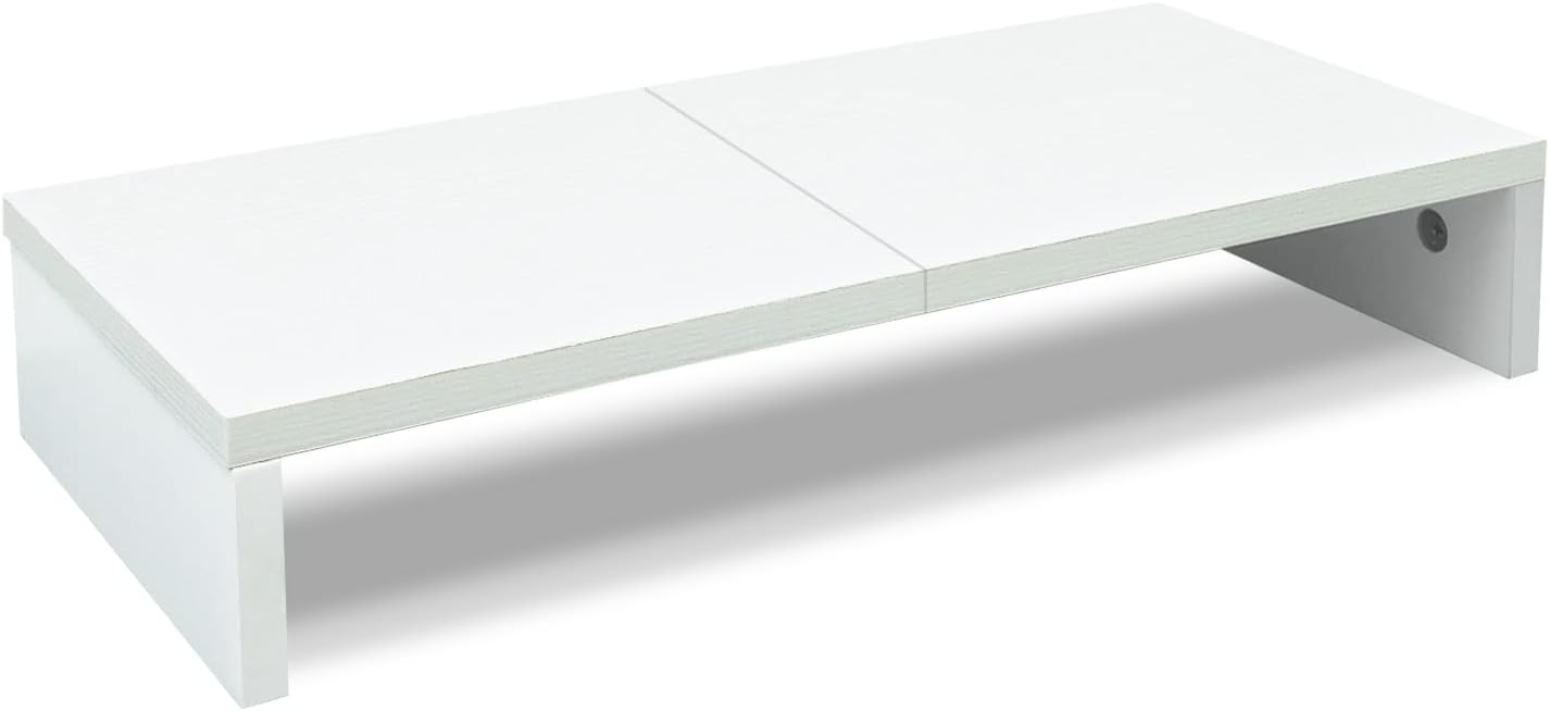 20 inch white monitor stand riser, wood desktop computer stand | fits laptop, printer, TV, PC tower, full keyboard storage underneath, ergonomic, desk organizer for home office gaming vanity