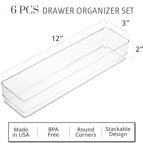 SimpleSort 6-Piece Stackable Clear Drawer Organizer Set | 12" x 3" x 2" Rectangle Trays | Narrow Makeup Vanity Storage Bins and Office Desk Drawer Dividers | Made in USA - view 2