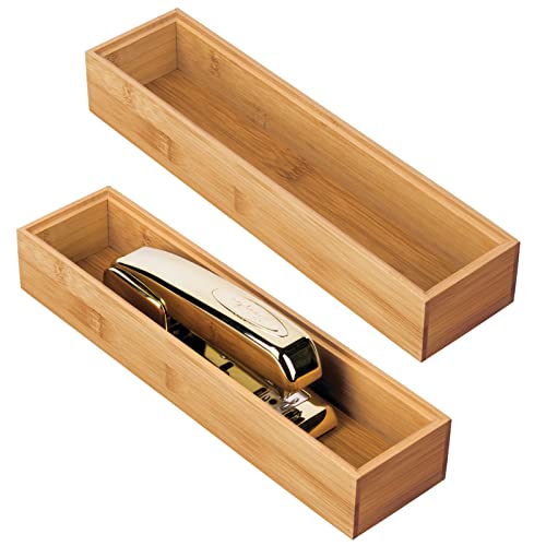 Slim Wooden Bamboo Drawer Organizer for Office - 12" Long Stackable Storage Box Tray for Desk Drawers/Cabinet - Junk Drawer and Accessories Organization - Echo Collection, 2 Pack, Natural Wood
