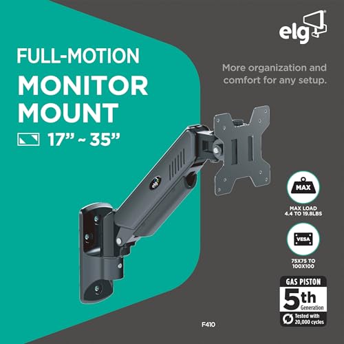 Gas Spring Monitor Wall Mount, Full Motion 17-35" Screens up to 19.8 lbs, 15" Extension from Wall, 360° Rotation, -45°/+90° Tilt, Cable Organizer, VESA 75x75 to 100x100mm, Black - view 2