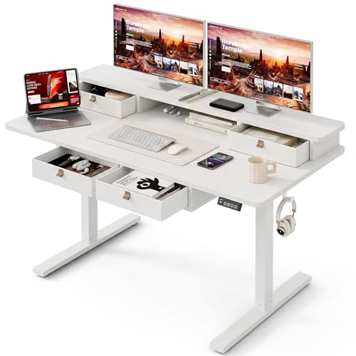 Electric Standing Desk with Four Drawers, Sit to Stand Up Height Adjustable Desk with Storage Shelf for Home Office, 47 * 28 Inch, Study, Ergonomic Adjustable Computer Desk, White