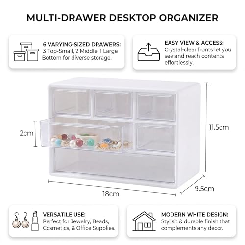 Small Drawer Organizer for Desk with 6 Clear Drawers, Mini Desktop Storage Box Plastic Craft Organizer for Office School and Home, White Drawer Organizer for Small Items Accessories Supplies - view 2