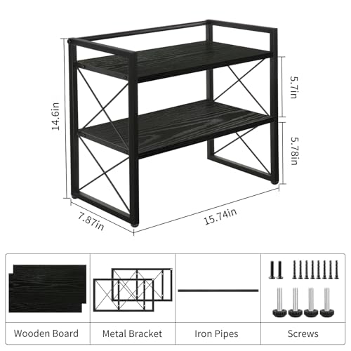 Desktop Shelf Organizer, 2 Tier Office Shelves, Wood Desk Organizer Storage Rack and Freestanding Display Shelf for Office, Dormitory, Home(Black) - view 3