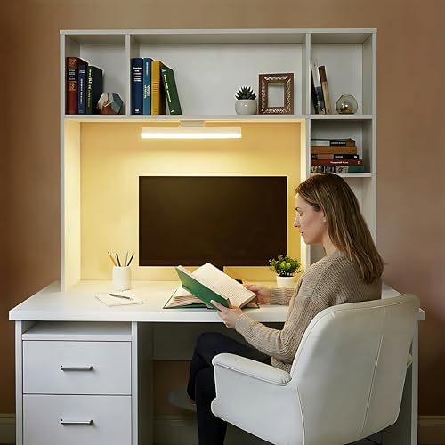 3 Tier Desktop Bookshelf with Rechargeable Eye-Friendly LED Desk Light, Desk Hutch Organizer with 5 Shelves, Wooden Desk Bookshelf for Office, Dorm and Small Space, White - view 3