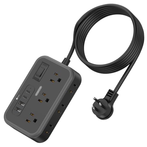 Flat Plug Extension Cord 10 Ft, 6 Widely Spaced Outlet(2 Side) Power Strip with 4 USB Ports, Overload Protection, Wall Mount Charging Station for Home Office, Nightstand and dorm room, Black