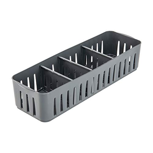 4 Compartment Stackable Bin with Adjustable Dividers | Drawer Organizer | Storage Basket | Good for Office | Desk Supplies | Dorm |Bathroom | Accessories | Make Up | Grey