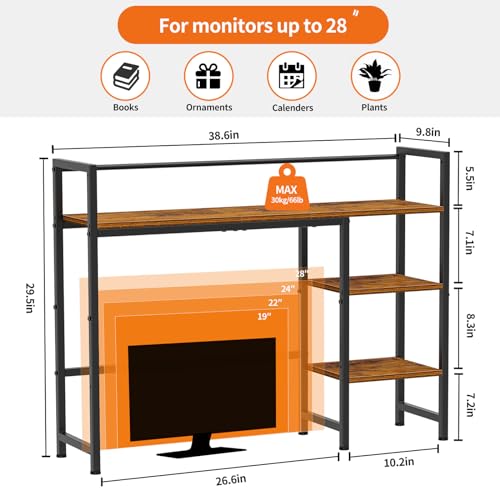 Desk Shelf, 38.6" Desktop Organizer Shelf, Desk Hutch for Computer Monitor, 4 Tier Desk Display Rack, Wood Desktop Bookshelf Storage Rack for Home Office Dorm, Rustic Brown - view 3