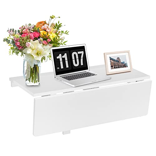 Wall Mounted Folding Table, 31.5" x 23.5" Drop-Leaf Floating Writing Desk for Small Spaces, Space-Saving Fold Down Laptop Workstation for Kitchen, Bedroom, Laundry Room, Study Room (White)