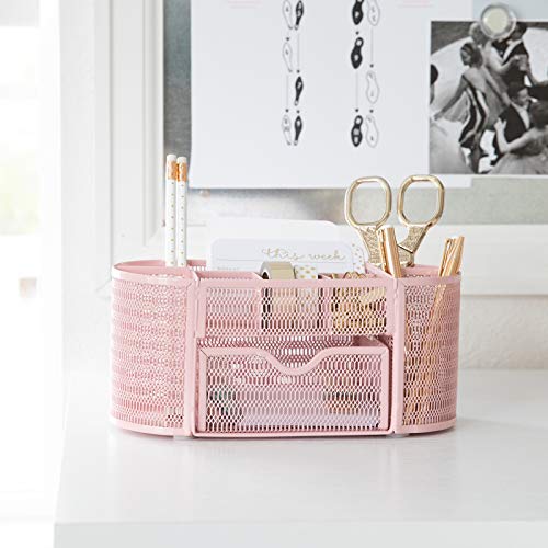 Pink Desk Organizers Metal Mesh Stationery Holder | Wire Mesh Desk Organizer with Compartments | Desk File Folder Organizer for Office Accessories - view 4