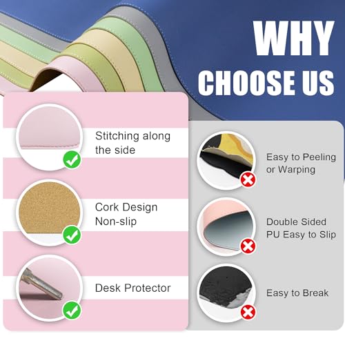 Dual-Sided Desk Pad, Natural Cork & PU Leather Mouse Pad for Desk, Desk Pad Protector, Non-Slip Desk Mat for Office and Home Work, (Pink, 23.6" x 13.7") - view 5