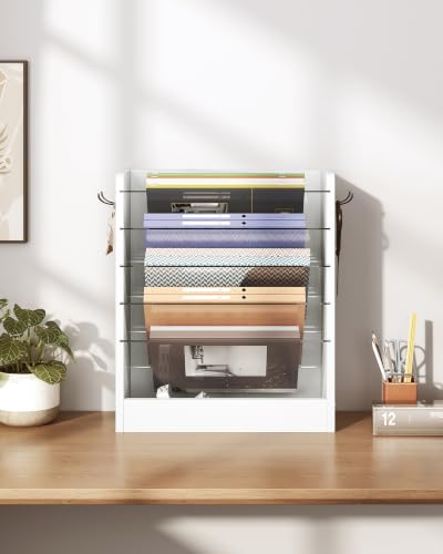 Wall File Holder, 6-Tier File Organizer, Office Supplies Storage Rack, Versatile Desktop Organizer, with Detachable Shelves, with Side Hooks, for Living Room, Study, Home Office, White MWJ02WB - view 3