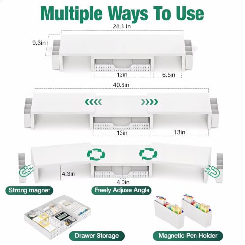 Desk Organizer and Accessories, Computer Monitor Stand Riser with Drawer and 2 Pen Holders, Laptop Stand, Office Desk Accessories for Office Supplies, White - view 2