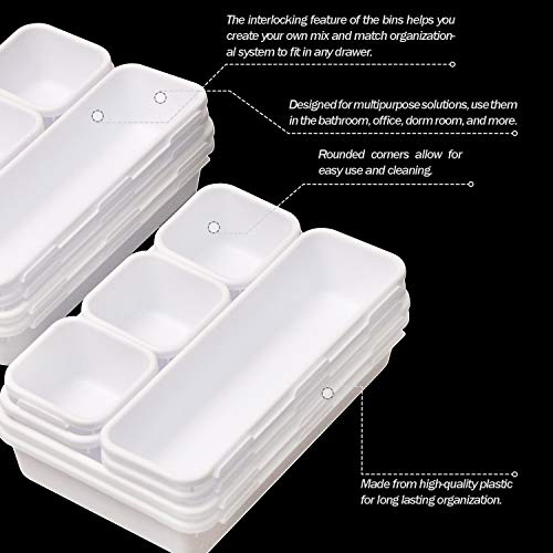 Set of 12 Interlocking Desk Drawer Organizer Tray Dividers Plastic Shallow Narrow Drawers Organizers Separators Storage Bins Container for Kitchen Bathroom Makeup Office Vanity Bedroom Dresser White - view 4